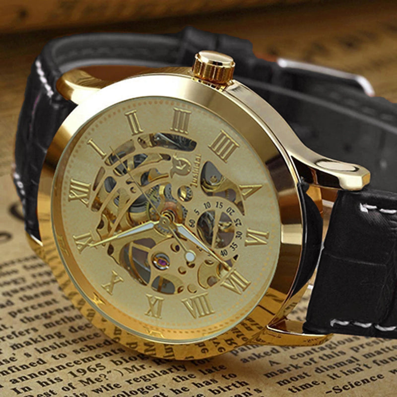 Relógio Masculino Casual com Caixa Dourada e Pulseira de Couro