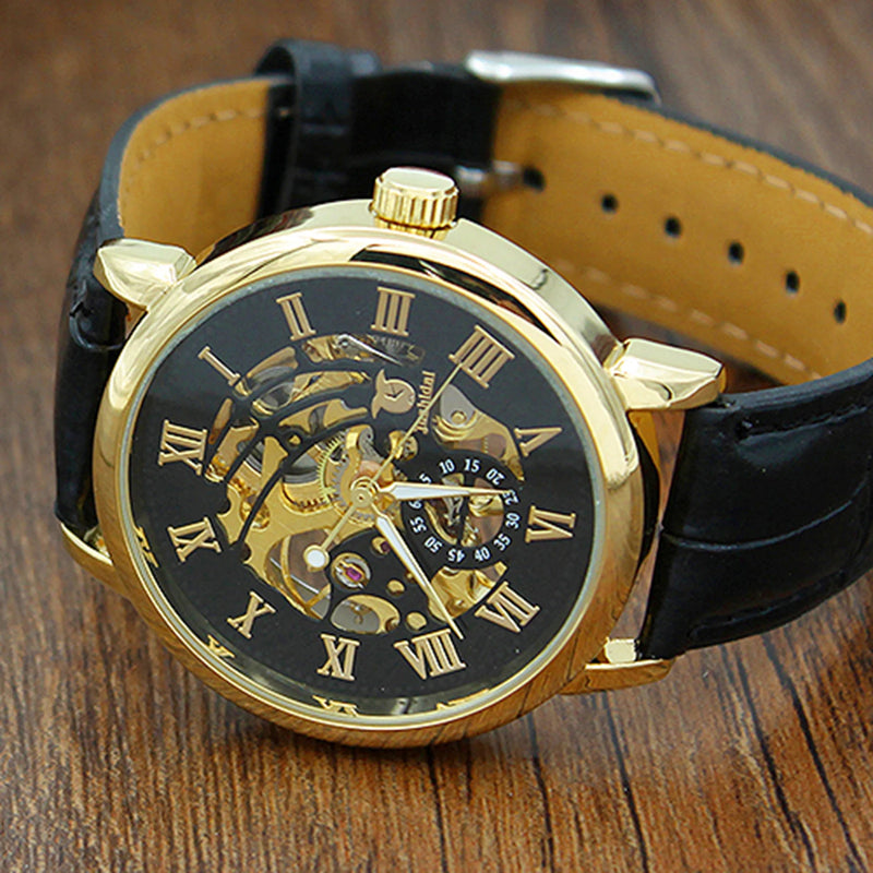 Relógio Masculino Casual com Caixa Dourada e Pulseira de Couro