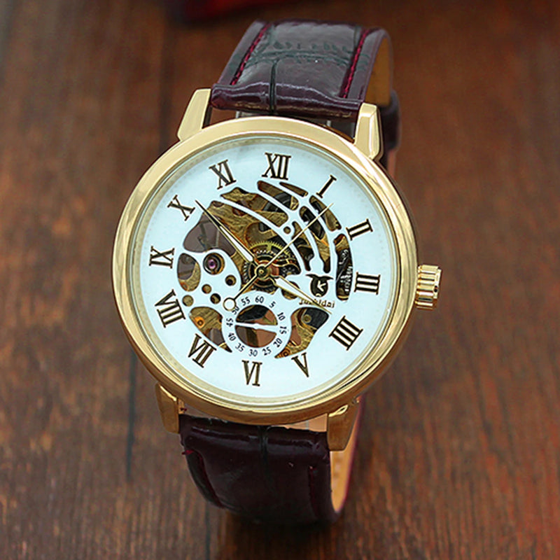 Relógio Masculino Casual com Caixa Dourada e Pulseira de Couro