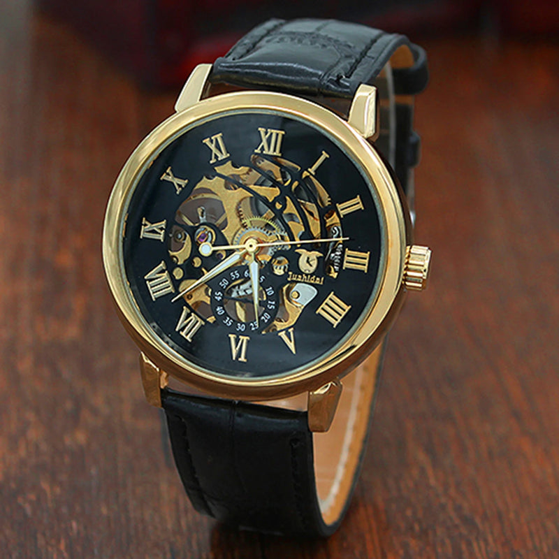 Relógio Masculino Casual com Caixa Dourada e Pulseira de Couro