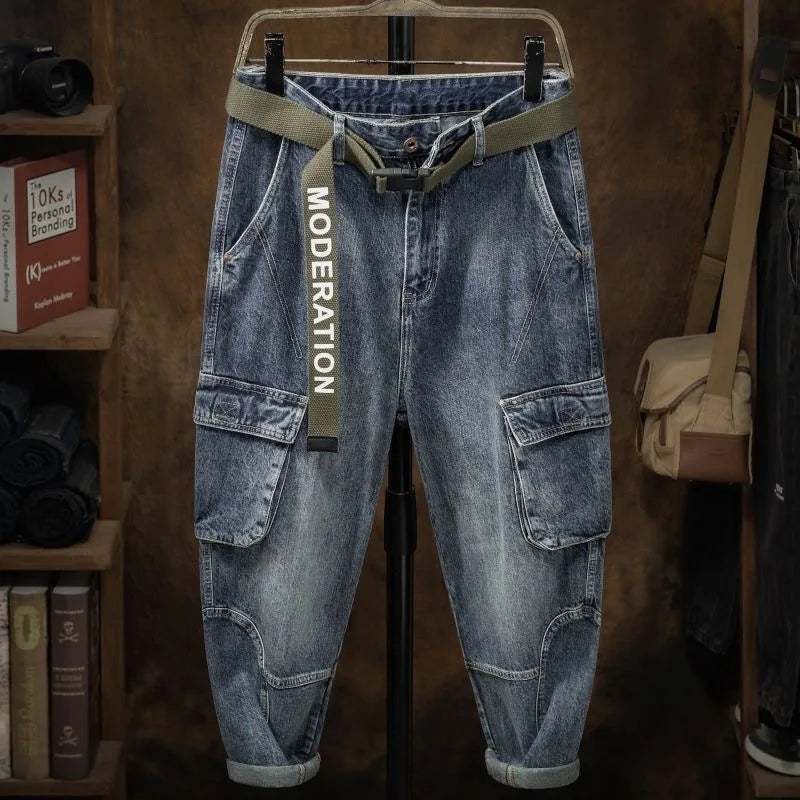 Calça Jeans Masculina Cargo com Bolsos