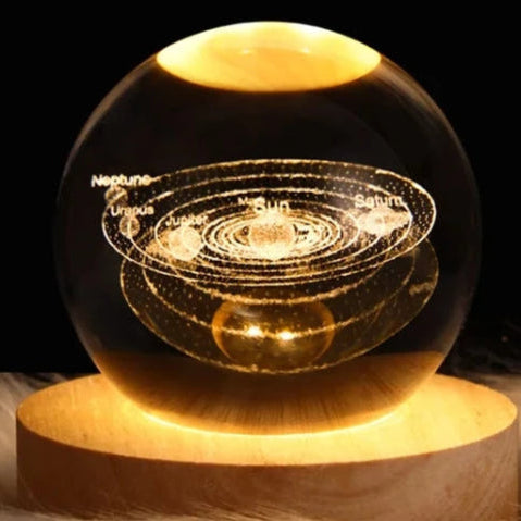 Luminária LED Cristal 3D para Decoração: Sistema Solar, Saturno e Lua